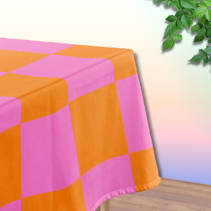 Neon Pink Orange Chequered Chequerboard Vintage Tablecloth