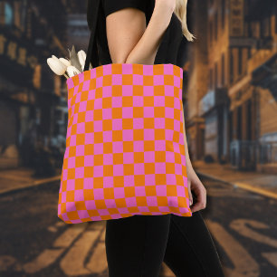 Neon Pink Orange Chequered Chequerboard Vintage Tote Bag