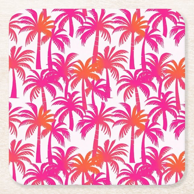 Neon Pink Orange Palm Tree Ibiza Square Paper Coaster (Front)