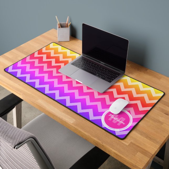 Neon pink orange purple Chevron retro Monogram Desk Mat (Office 2)