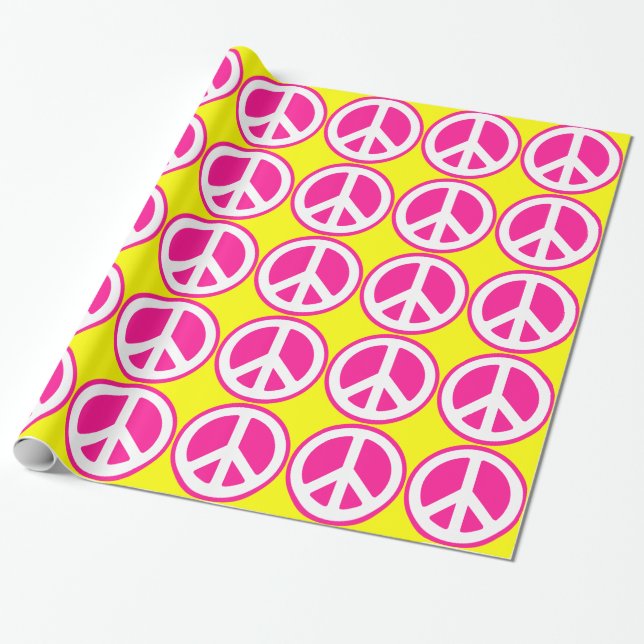 Neon Pink Peace Sign Wrapping Paper (Unrolled)