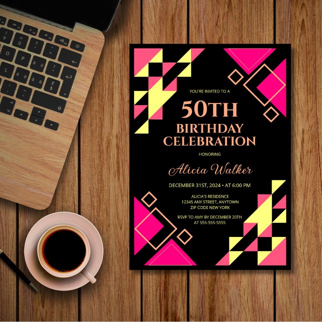 Neon Pink Peach Triangle Geometric Black Birthday  Invitation (Creator Uploaded)
