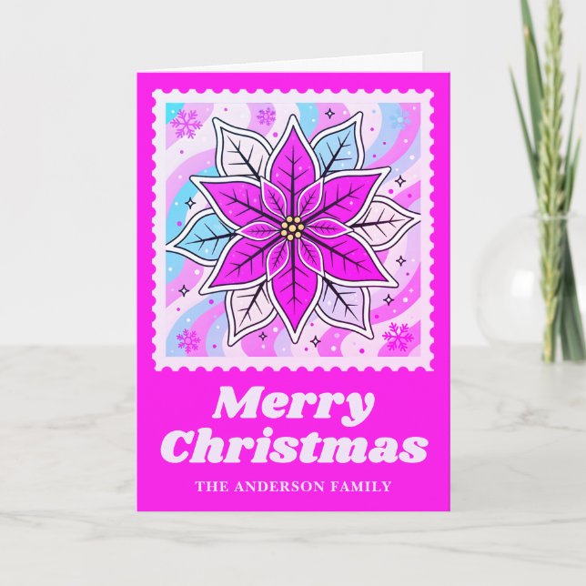 Neon Pink Poinsettia Christmas Postage Stamp Holiday Card (Front)