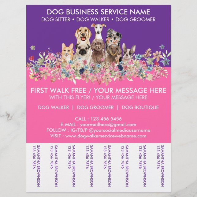 Neon Pink purple Breeds Dog Walker Service Flyer (Front)
