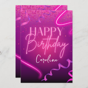 Neon Pink Purple Confetti Happy Birthday Holiday Card