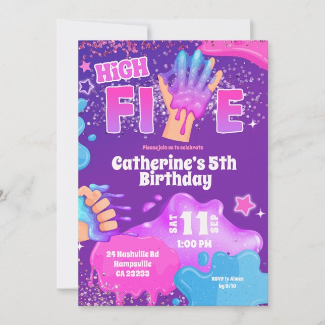 Neon Pink Purple Slime High Five Birthday Invitati Invitation (Front)