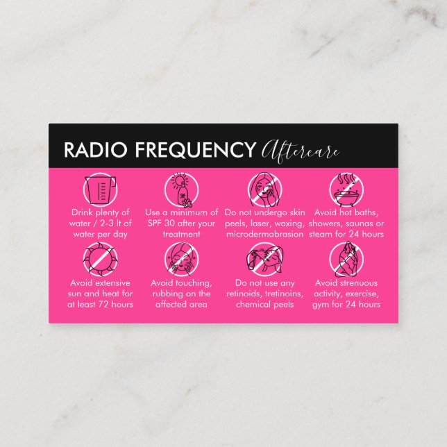 Neon Pink Radio Frequency Skin Tighten Aftercare Business Card (Back)