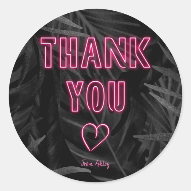 Neon pink sign order thank you black palm leaf classic round sticker (Front)