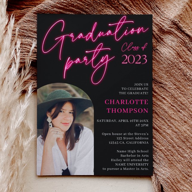 Neon pink sign script fun graduation photo arch invitation (Creator Uploaded)