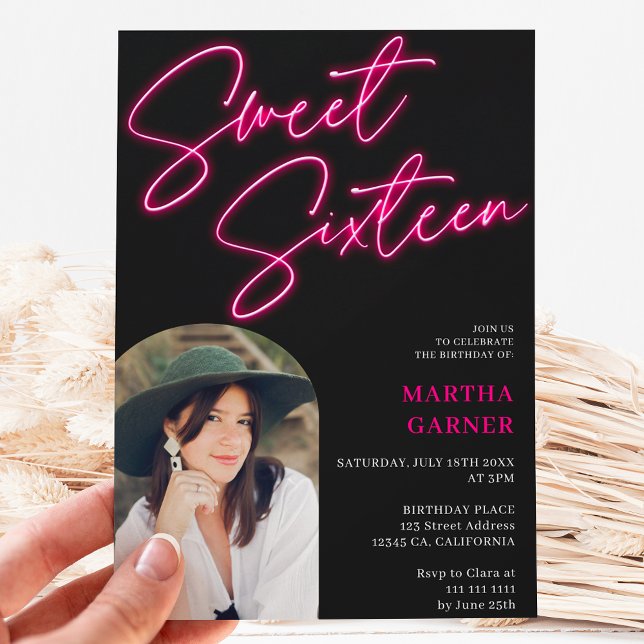 Neon pink sign script fun photo arch Sweet 16 Invitation (Creator Uploaded)