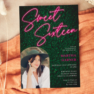 Neon pink sign script green photo arch Sweet 16 Invitation