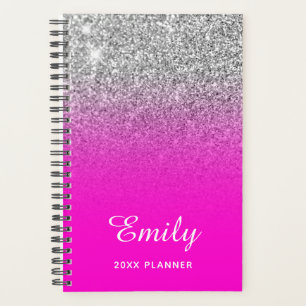 Neon Pink Silver Glitter Ombre Name Planner