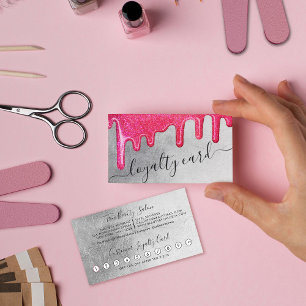Neon Pink Silver Thick Glitter Drips Customer Loyalty Card