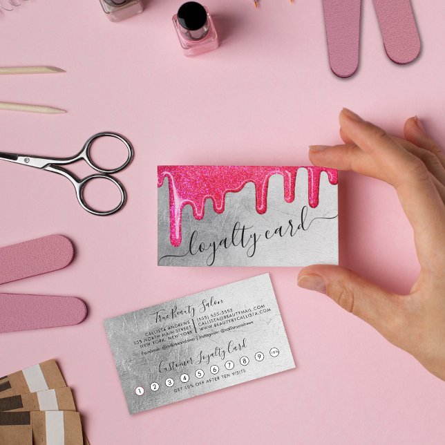 Neon Pink Silver Thick Glitter Drips Customer Loyalty Card (Creator Uploaded)