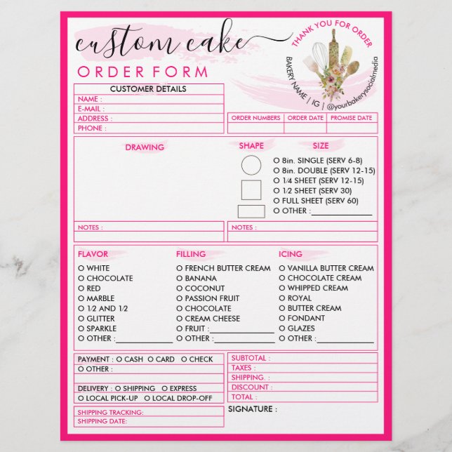 Neon Pink Simple Modern Bakery Cake Order Form Flyer (Front)
