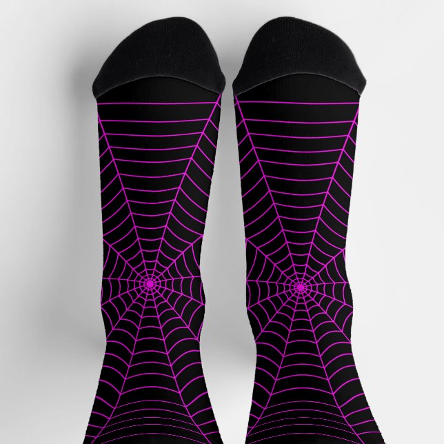 Neon pink spider web Halloween pattern black Socks (Top)