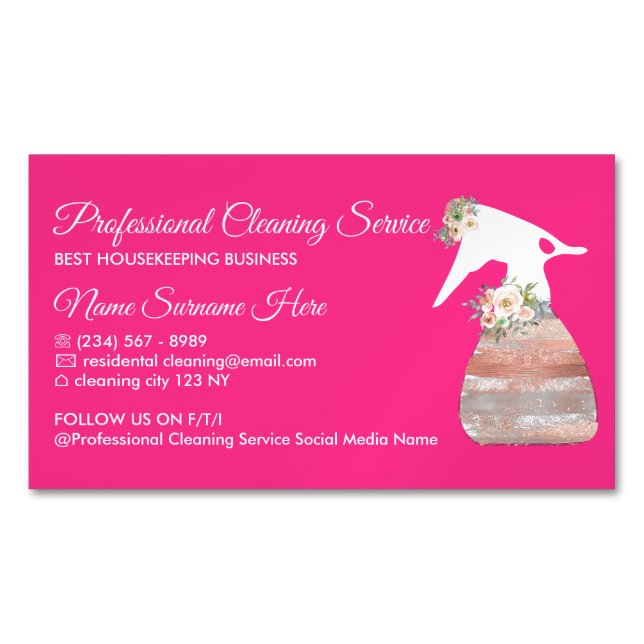 Neon Pink Spray Flower Glamour Cleaning Service Magnetic Business Card (Front)