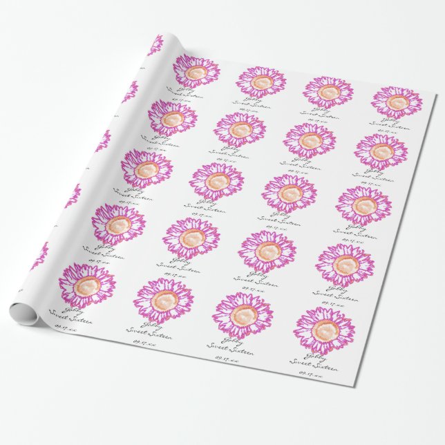 Neon Pink Sunflower Sweet 16 Birthday Wrapping Paper (Unrolled)