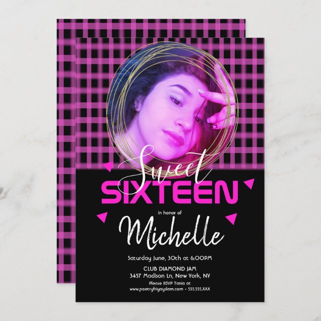 Neon Pink Sweet Sixteen Gold Ring Photo Grid Invitation (Front/Back)