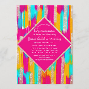 Neon Pink Teal Gold Glitter Paint Quinceañera Invitation
