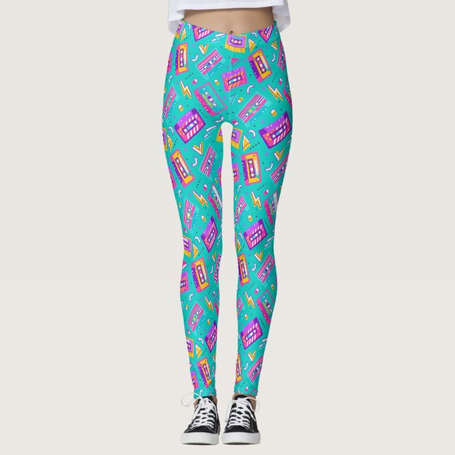 Neon Pink Teal Trendy 80's Cassette Music Leggings (Front)