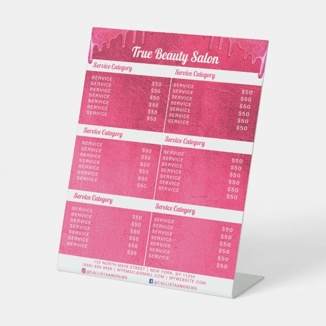 Neon Pink Thick Glitter Drips Salon Price List Pedestal Sign (Front)