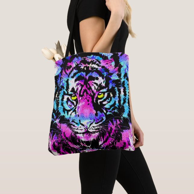 Neon Pink Tiger Head Tote Bag - Tiger Tote Bag (Close Up)