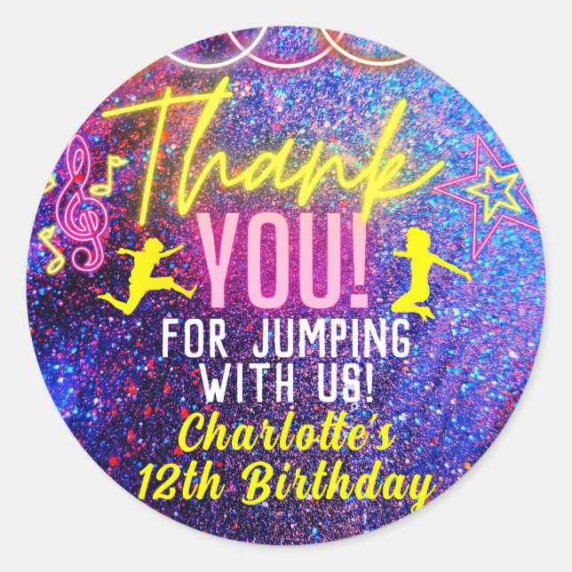 Neon Pink Trampoline Dance Party Thank You Favour Classic Round Sticker (Front)
