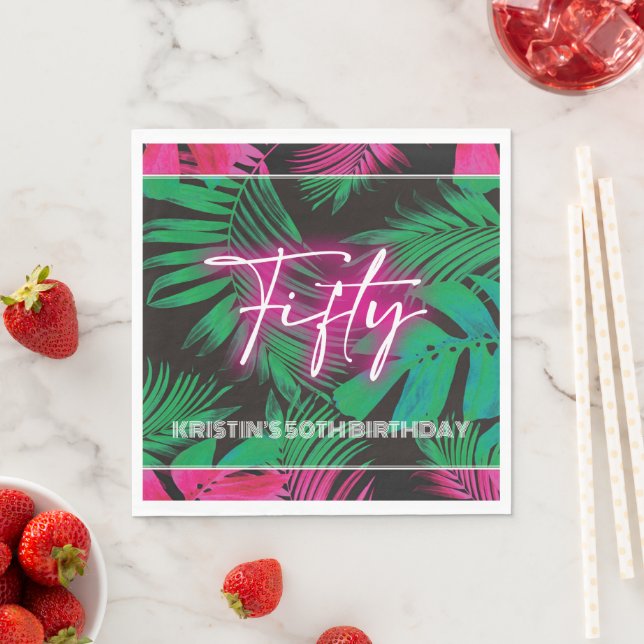 Neon Pink Tropical 50th Birthday Napkin (Insitu)