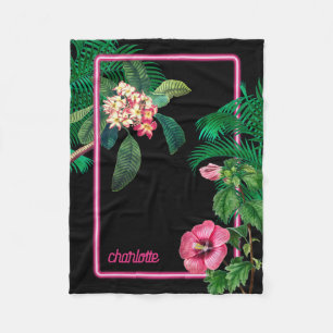 Neon Pink Tropical Botanicals Fleece Blanket