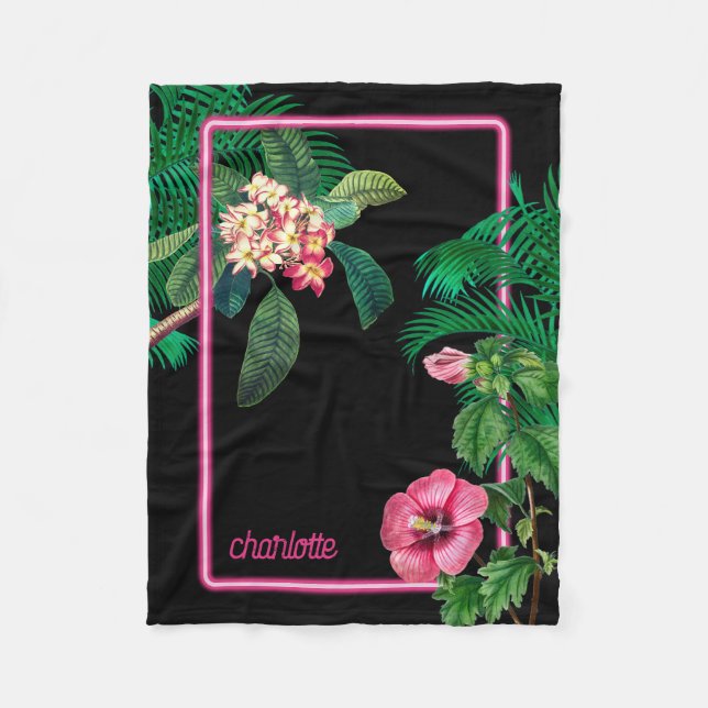 Neon Pink Tropical Botanicals  Fleece Blanket (Front)