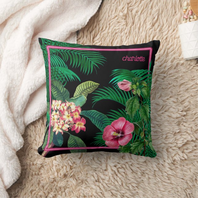 Neon Pink Tropical Botanicals Monogram Cushion (Blanket)