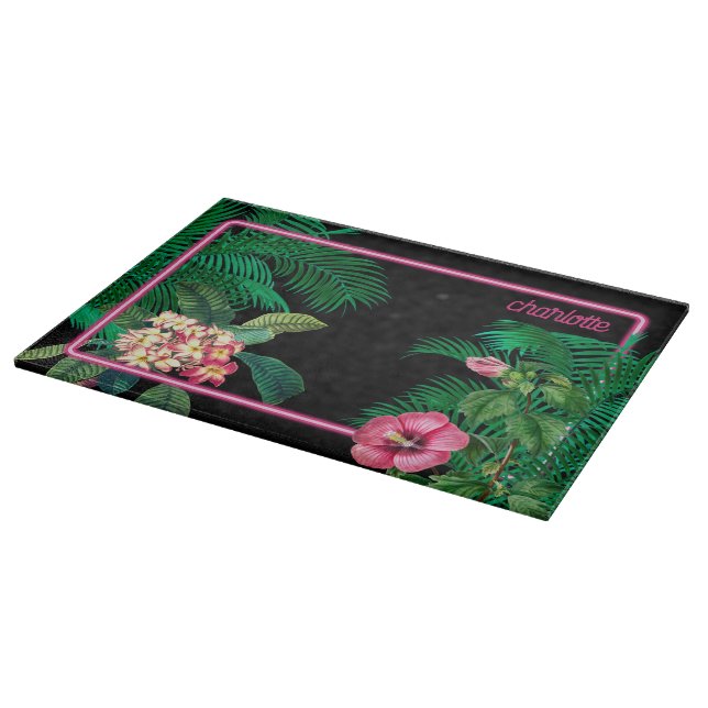 Neon Pink Tropical Botanicals Monogram Cutting Board (Corner)