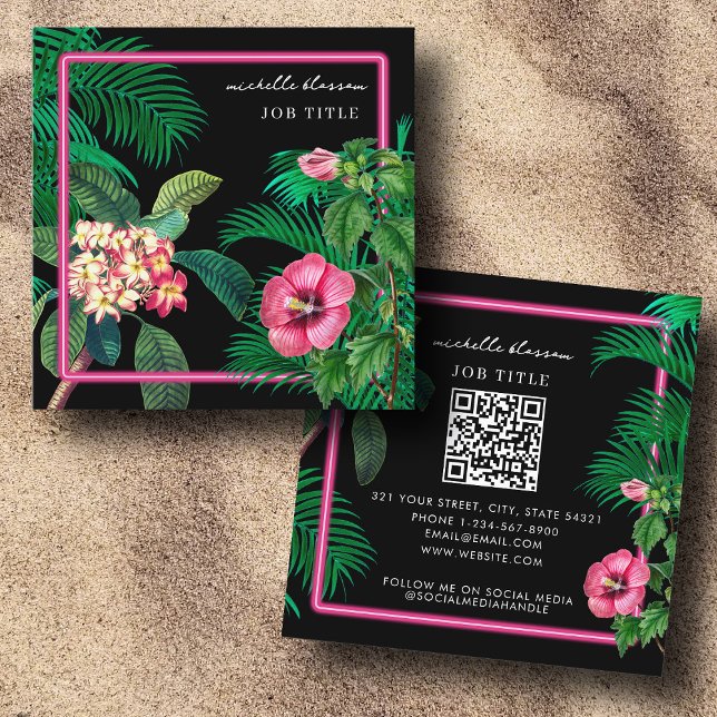 Neon Pink Tropical Botanicals QR Code Social Media Square Business Card (Neon Pink Tropical Botanicals QR Code Social Media Square Business Card)