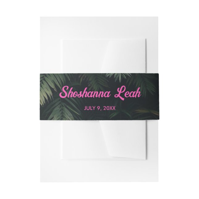 Neon Pink Tropical Palm Leaves Bat Mitzvah Invitation Belly Band (Front Example)