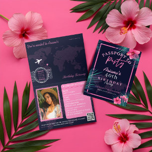 Neon Pink Tropical Passport Destination Birthday Invitation