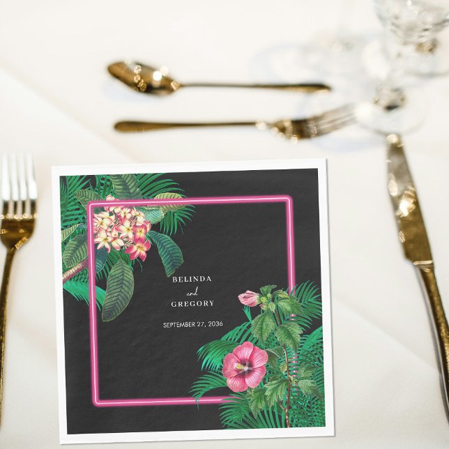 Neon Pink Tropical Retro Botanicals Wedding Napkin (Neon Pink Tropical Retro Botanicals Wedding Napkins)