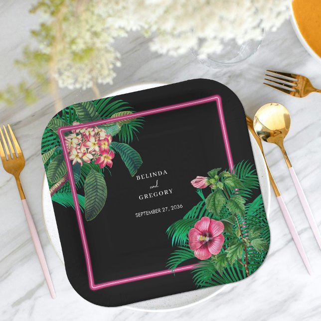 Neon Pink Tropical Retro Botanicals Wedding Paper Plate (Neon Pink Tropical Retro Botanicals Wedding Paper Plates)