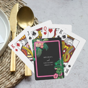 Neon Pink Tropical Retro Botanicals Wedding Playing Cards