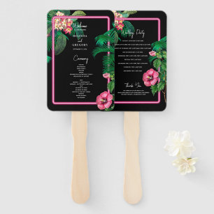 Neon Pink Tropical Retro Wedding Program Hand Fan