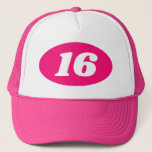 Neon pink trucker hat sweet 16th Birthday party<br><div class="desc">Cool neon pink trucker hat girl's sweet 16th Birthday party! Add your own custom age number. ie 17th 18rd 19th 20th 15th 14th 13th 12th 11th etc. Retro baseball cap with oval logo with year or age number. Fun accessory for teenager turning sixteen. Fun headwear for surprise parties. Great for...</div>