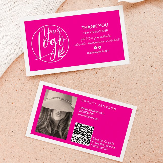 Neon pink white minimalist logo Qr order thank you Business Card (Neon pink white minimalist logo Qr order thank you Business Card)