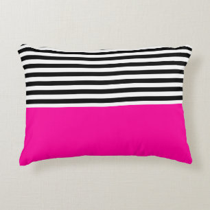 Neon Pink With Black and White Stripes Decorative Cushion