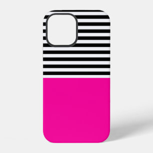 Neon Pink With Black and White Stripes iPhone 12 Case