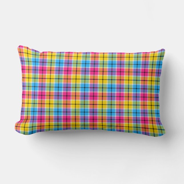 Neon Pink, Yellow and Blue Plaid Lumbar Cushion (Front)