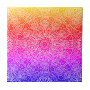Neon Pink Yellow Blue Mandala Kaleidoscopic Motif Ceramic Tile
