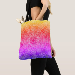 Neon Pink Yellow Blue Mandala Kaleidoscopic Motif Tote Bag
