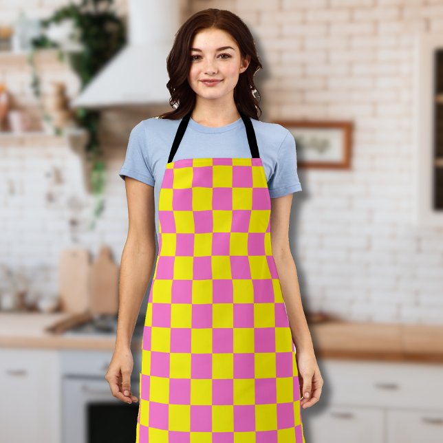 Neon Pink Yellow Chequered Chequerboard Vintage Apron (Creator Uploaded)