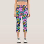 Neon Pink Yellow Floral Leaves Watercolor Pattern Capri Leggings<br><div class="desc">This bright and vibrant pattern is perfect for the summer months. It features hand-painted neon pink, neon yellow, coral pink, and teal green flowers and leaves on top of a simple navy blue background. It's artsy, modern, cool, unique, and original. Stylise with this hand-painted piece done by the artist of...</div>