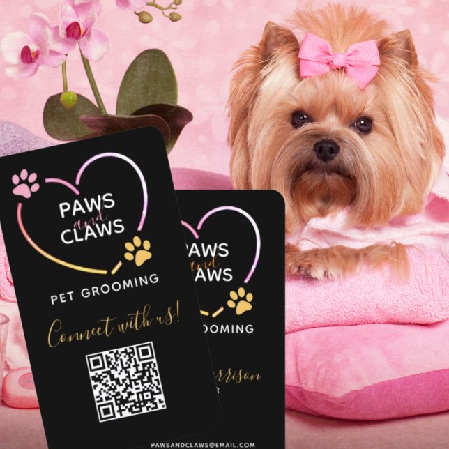 Neon Pink Yellow Pet Grooming QR Code Business Card (Creator Uploaded)